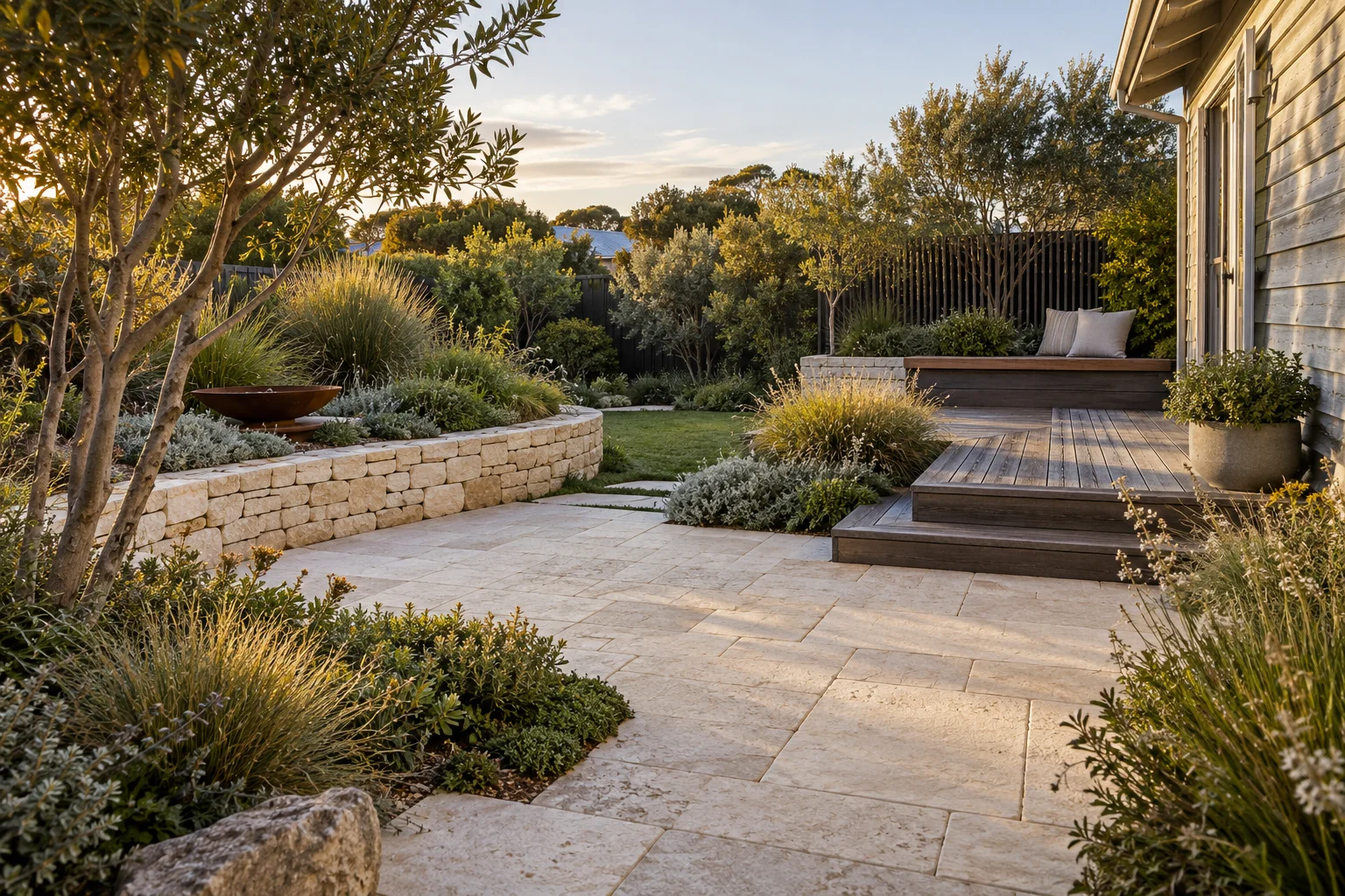Coastal garden concept with stone paving, native grasses and a timber deck