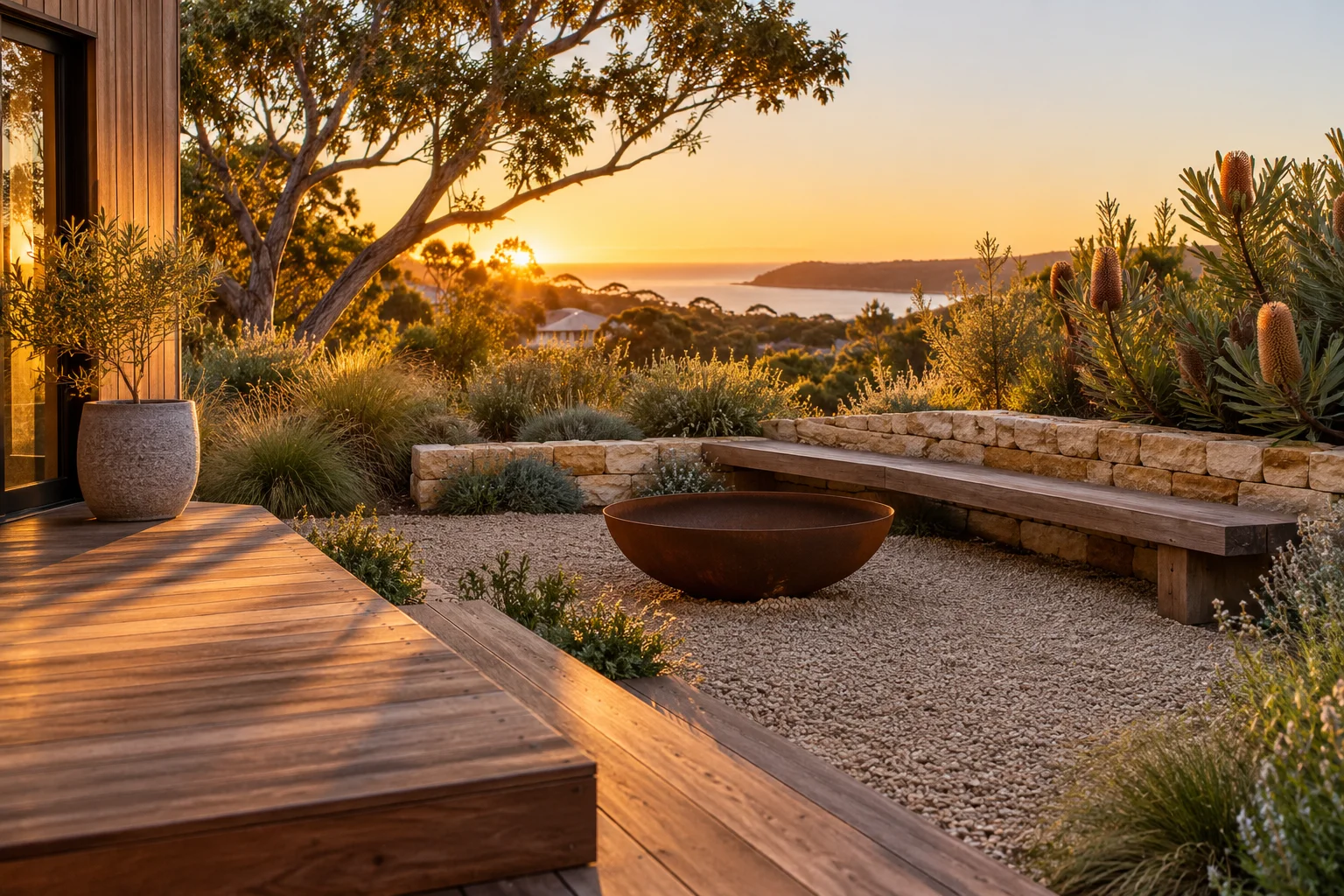 Imagined outdoor living space with a timber deck and fire-pit area